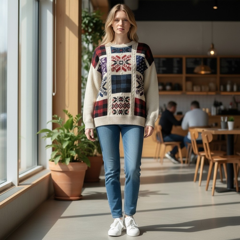 Woolrich Sweater‎ Mens Large Beige Patchwork Plaid Snowflake Cotton Knit Good
